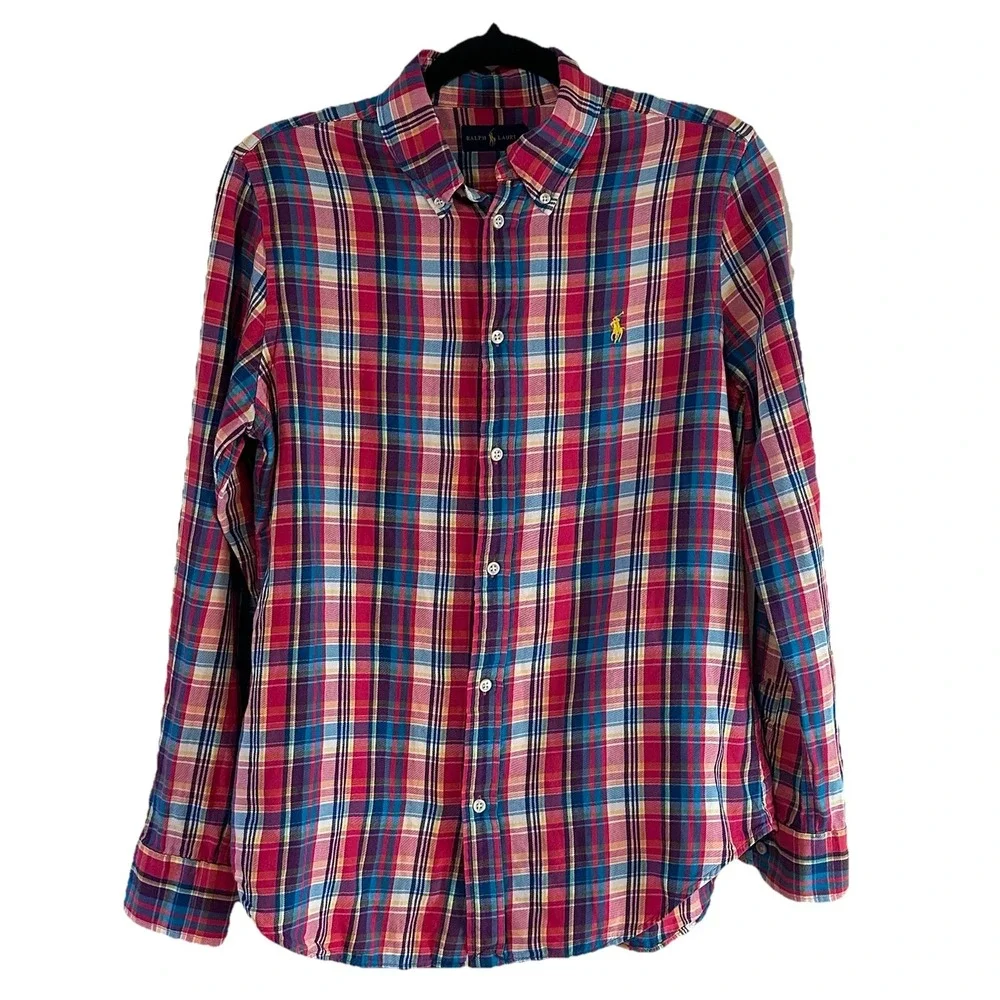 Ralph Lauren Shirt Colorful Pink‎ Plaid Pony Button Up Soft LS Boys Youth Sz 12